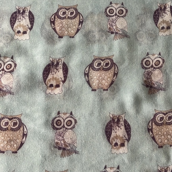 Large light blue whimsical Owl print lightweight fashion scarf. Eyelash fringes - Picture 11 of 11